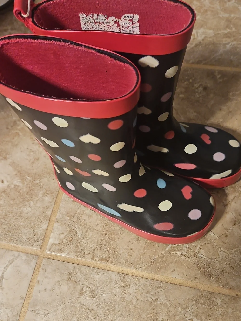 Girls' Black Polka Dot Rain Boots with Pink Trim